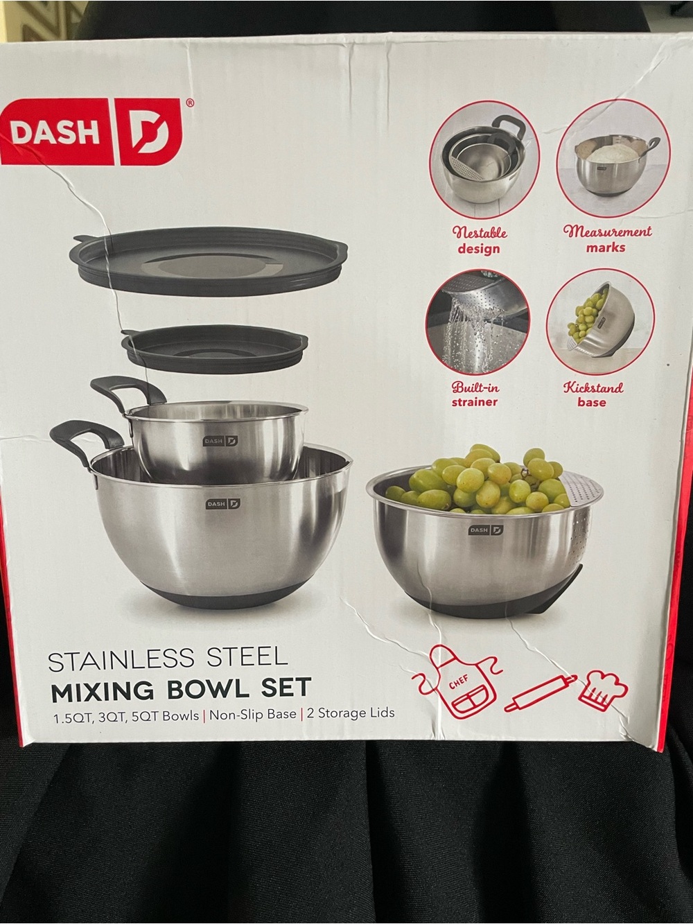 Ash Stainless Steel Mixing Bowl Set with Black Lids and Bases